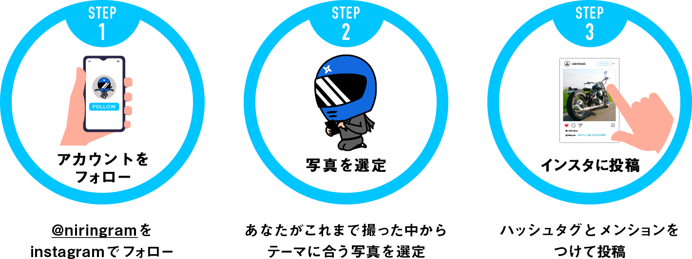 ニリーンをインスタでフォロー、あなたがこれまで撮った中からテーマに合う写真を選定、ハッシュタグとメンションをつけてインスタに投稿