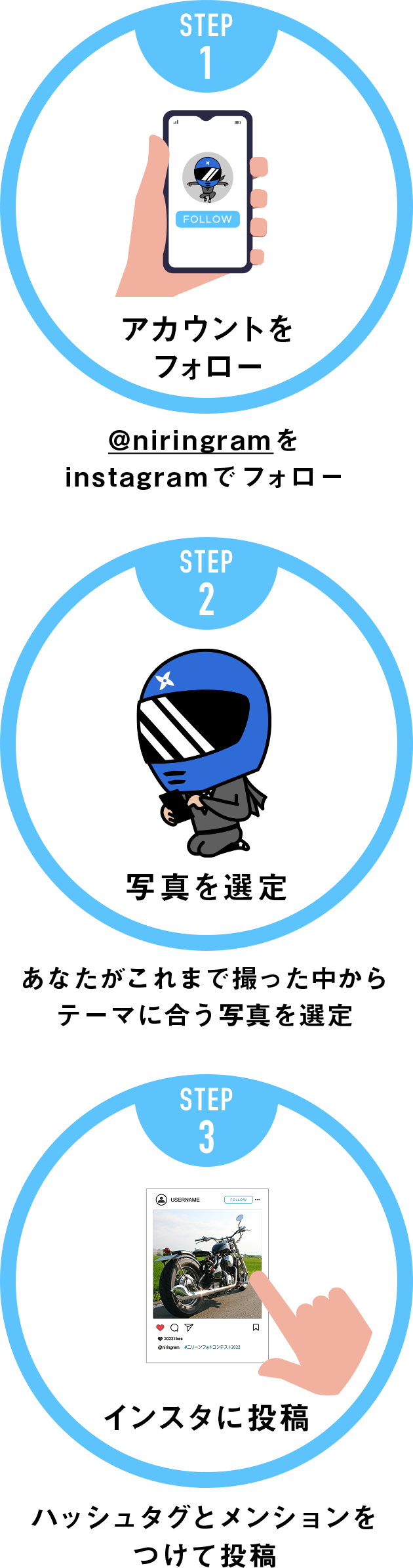 ニリーンをインスタでフォロー、あなたがこれまで撮った中からテーマに合う写真を選定、ハッシュタグとメンションをつけてインスタに投稿